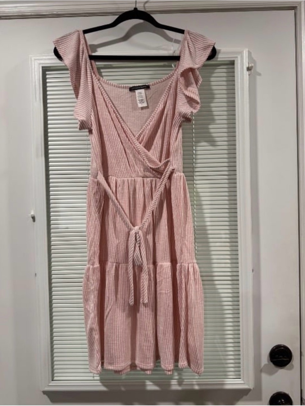 Caution to the Wind Pink Striped Wrap Dress Large Ruffle Tiered Summer